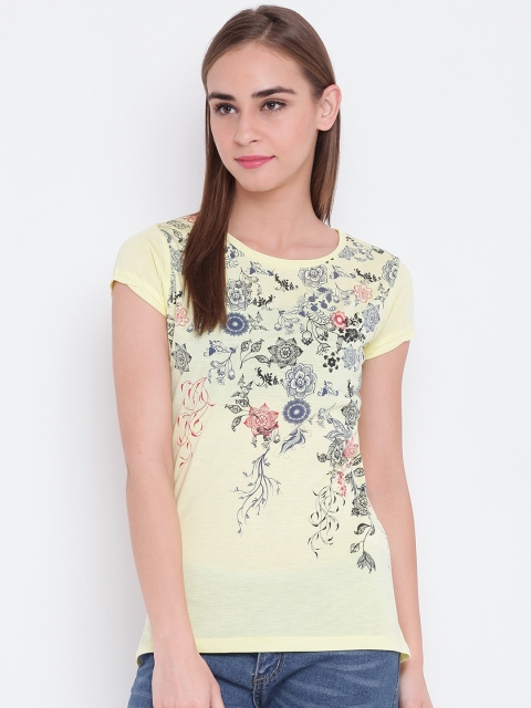 

OPt Women Yellow Printed Round Neck T-shirt