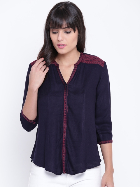 

OPt Women Navy Blue Embroidered Casual Shirt