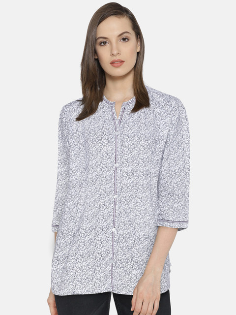 

OPt Women White & Navy Blue Floral Print Casual Shirt