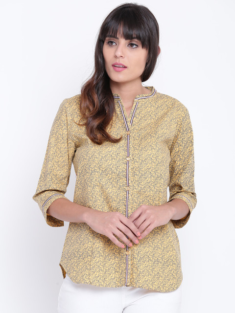 

OPt Women Yellow Regular Fit Printed Casual Shirt