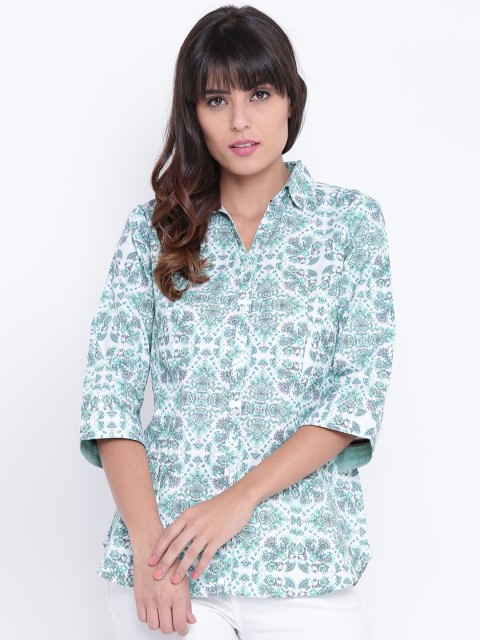 

OPt Women Green & White Regular Fit Printed Casual Shirt