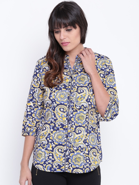 

OPt Women Navy Blue & Yellow Printed Casual Shirt