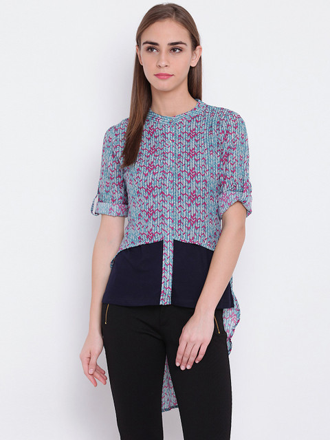 

OPt Women Green & Navy Printed Shirt Style High-Low Top