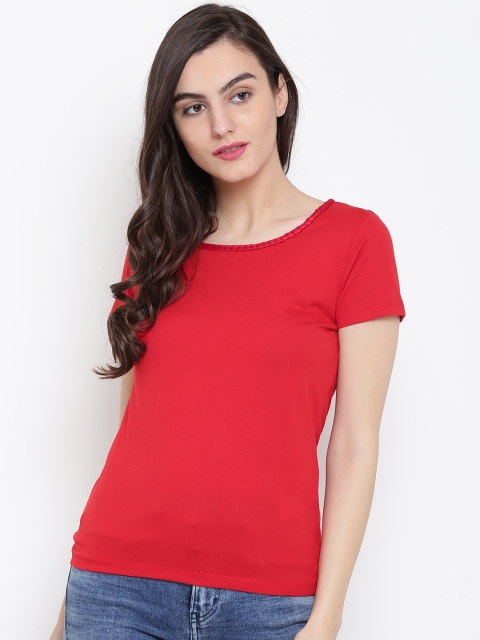 

OPt Women Red Solid Round Neck T-shirt