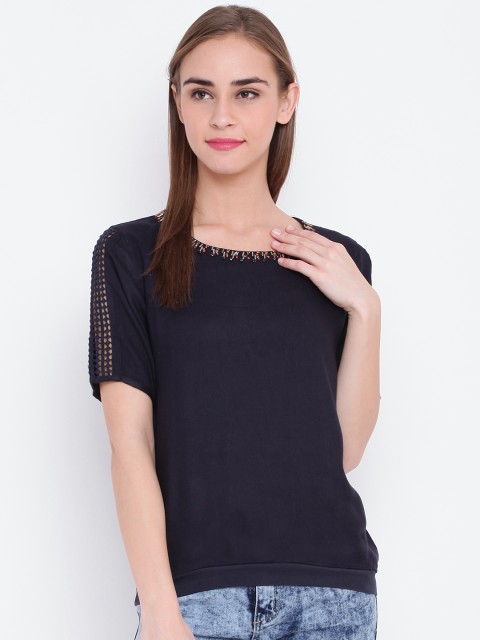 

OPt Women Navy Solid Top, Navy blue