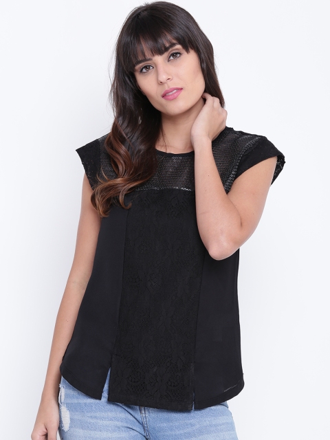 

OPt Women Black Sequinned Lace Detail Top