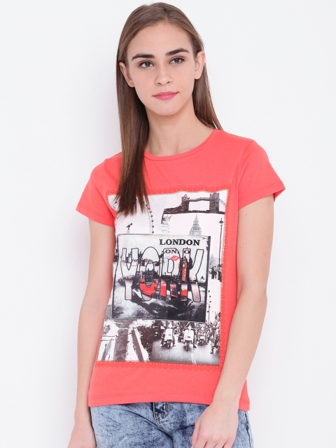 

OPt Women Coral Orange Printed Round Neck T-shirt