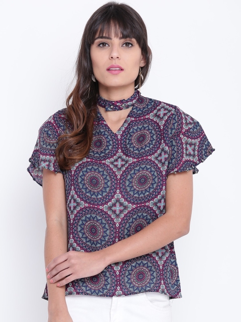 

OPt Women Navy & Pink Printed Top, Navy blue