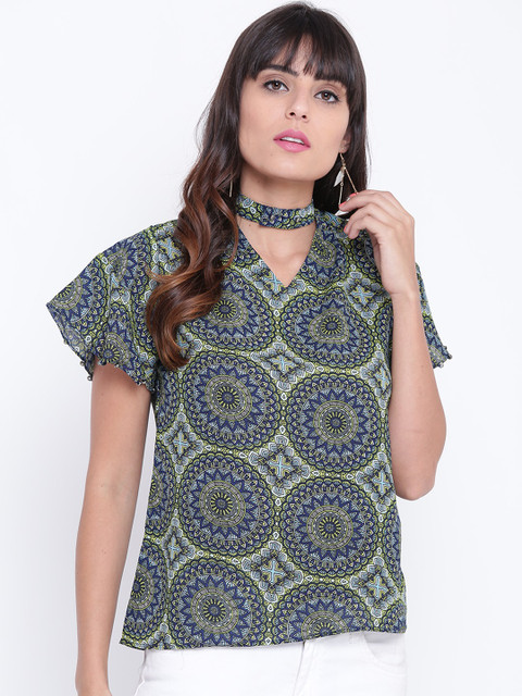 

OPt Women Blue & Green Printed Top