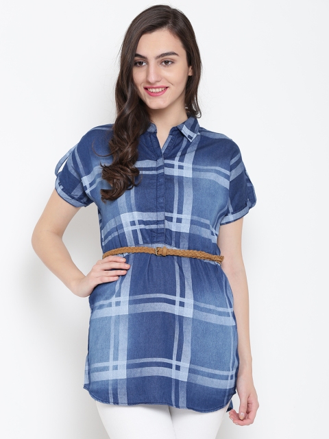 

OPt Women Blue Checked Chambray Shirt Style Top with Belt