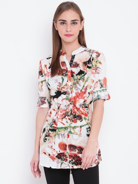 

OPt Women Off-White & Green Printed Shirt-Style Top