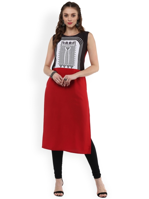 

Janasya Women Red & Black Yoke Design Straight Kurta