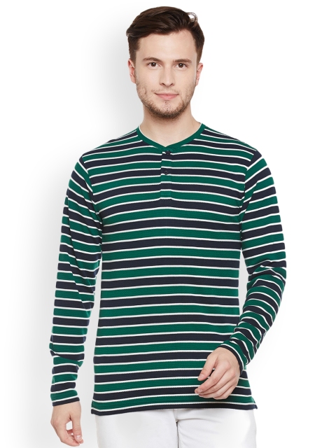 

Club York Men Green & Blue Striped Henley Neck T-shirt