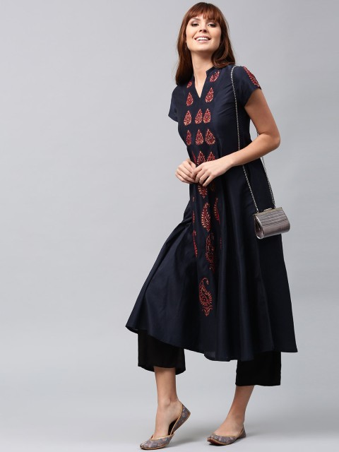 

AKS Women Navy Hand Block Print A-Line Kurta, Navy blue