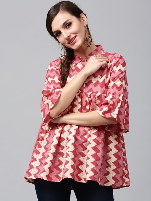 

AKS Pink & Cream-Coloured Chevron Print Pleated A-Line Tunic