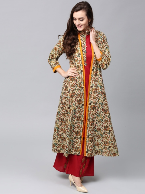 

AKS Women Cream-Coloured Printed Longline Ethnic Open Front Jacket