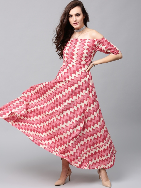

AKS Women Pink & Cream-Coloured Printed Off-Shoulder Maxi Dress