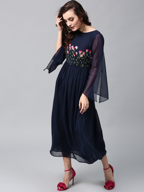 

AKS Women Navy Embroidered Georgette Midi Fit & Flare Dress, Navy blue