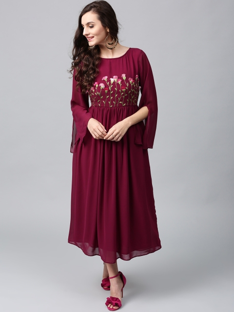 

AKS Women Burgundy Embroidered Georgette Midi Fit & Flare Dress