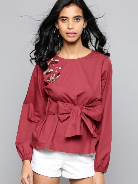 

NUSH Women Burgundy Solid Embellished Top