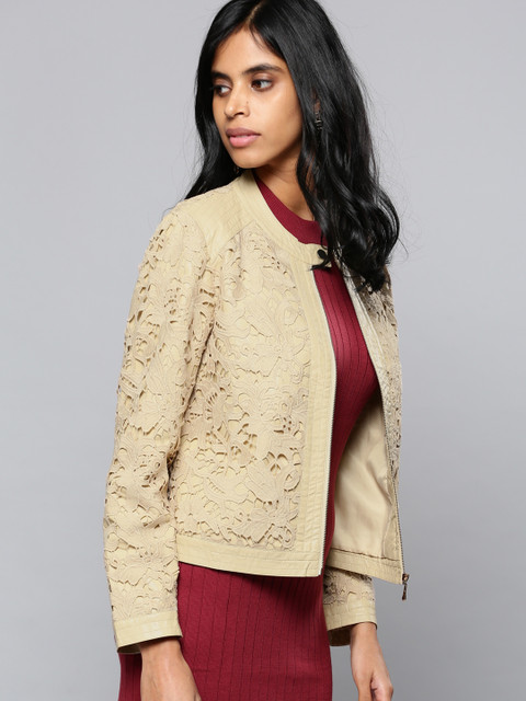 

NUSH Women Beige Self Design Jacket