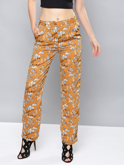 

NUSH Women Mustard Yellow Printed Relaxed Fit Parallel Trousers