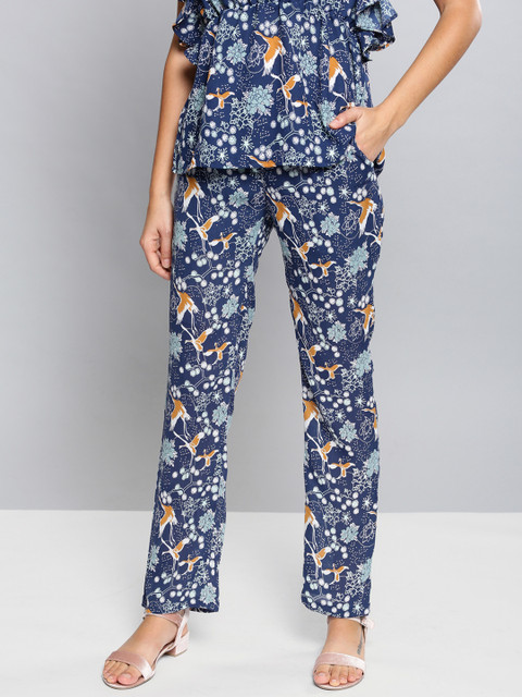 

NUSH Women Blue Regular Fit Printed Regular Trousers