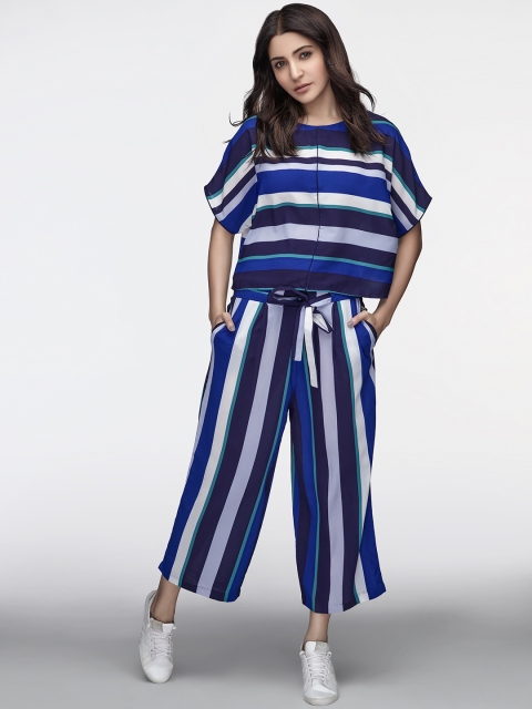 

NUSH Women Blue & White Loose Fit Striped Parallel Trousers