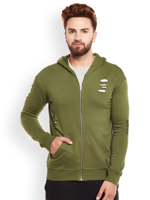 

FUGAZEE Men Olive Green Self Design Hooded Sweatshirt