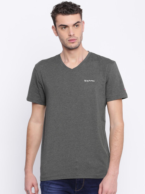 

Being Human Men Grey Solid V-Neck T-shirt