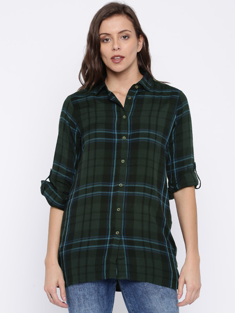 

U.S. Polo Assn. Women Olive Green & Black Regular Fit Checked Casual Shirt