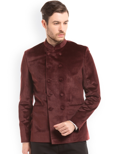 

True Blue Maroon Slim Fit Double-Breasted Patterned Ethnic Bandhgala Blazer