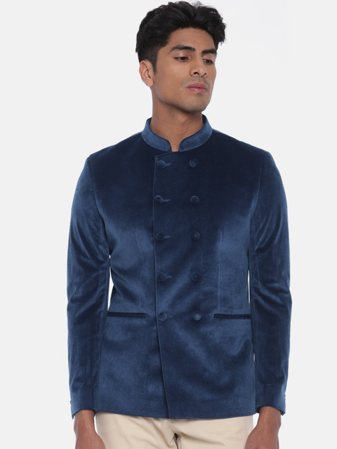

True Blue Blue Slim Fit Double-Breasted Ethnic Bandhgala Blazer