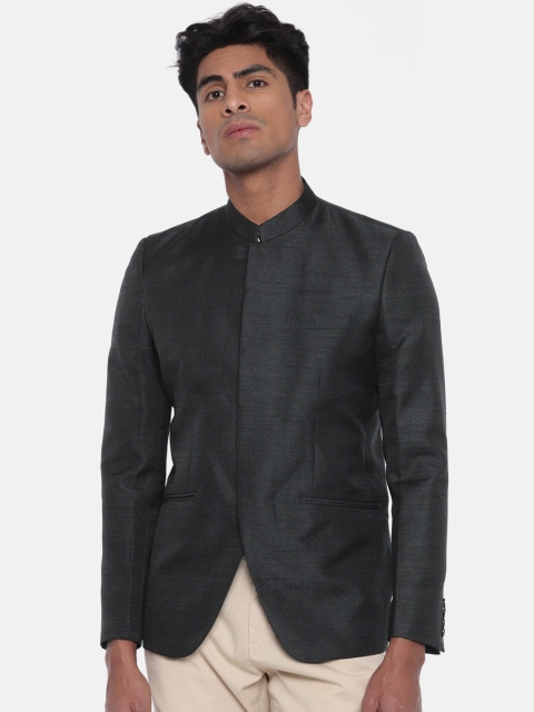 

True Blue Charcoal Grey Single-Breasted Solid Slim Fit Ethnic Bandhgala Blazer