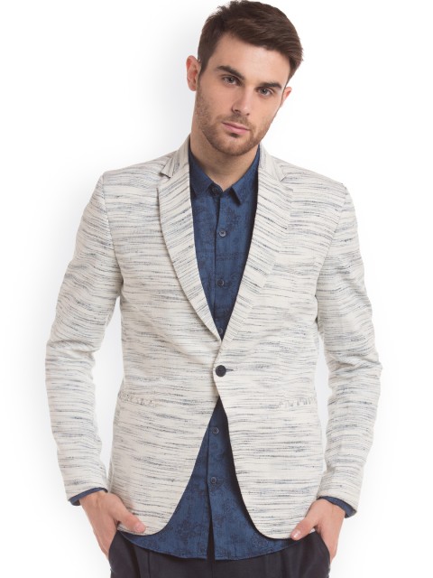 

True Blue Men Grey Melange Slim Fit Single-Breasted Patterned Casual Blazer