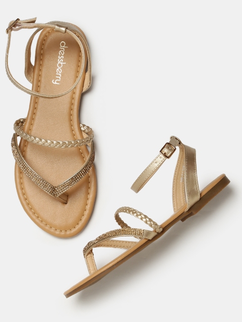 

DressBerry Women Gold-Toned Embellished Open Toe Flats