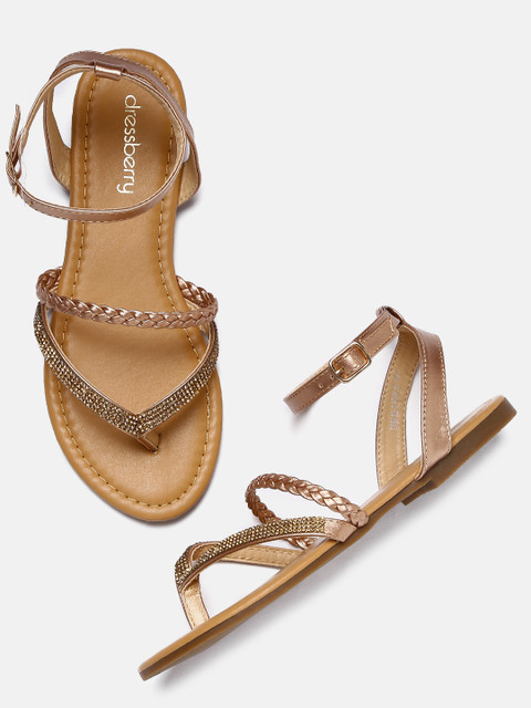 

DressBerry Women Gold-Toned Solid Synthetic Open Toe Flats