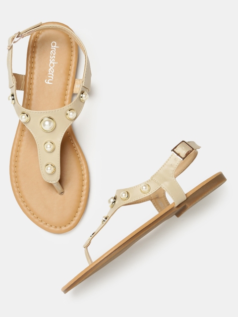 

DressBerry Women Beige Embellished T-strap Flats