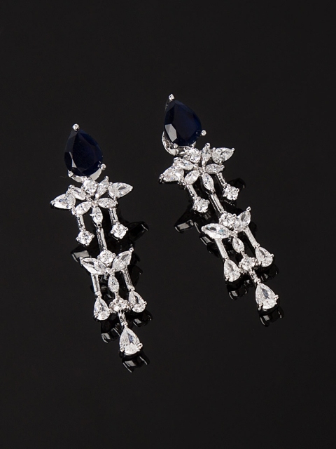 

Studio Voylla Princess of Wales Silver-Toned & Navy Blue Floral Drop Earrings