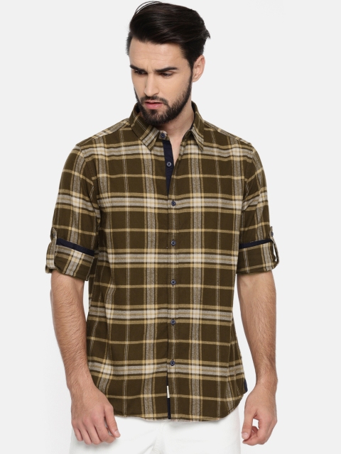 

Roadster Men Olive Green & Beige Regular Fit Brushed Checks Casual Shirt