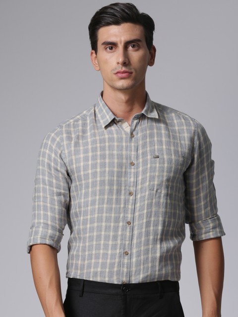 

True Blue Men Grey & Yellow Slim Fit Checked Casual Shirt