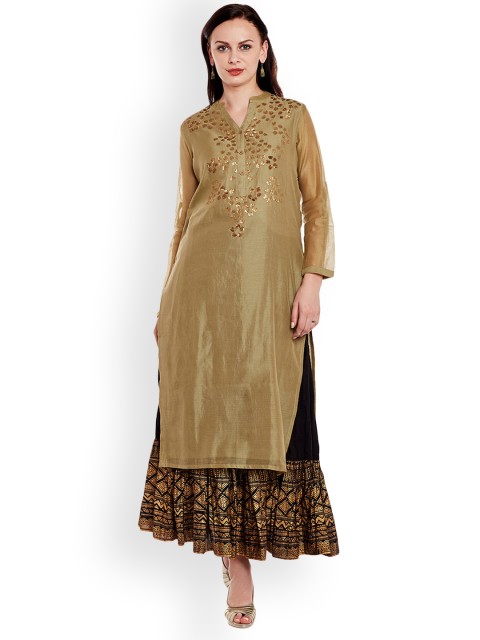 

Varanga Women Olive Green Embroidered Straight Kurta
