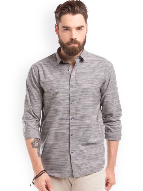 

True Blue Men Grey Slim Fit Striped Casual Shirt