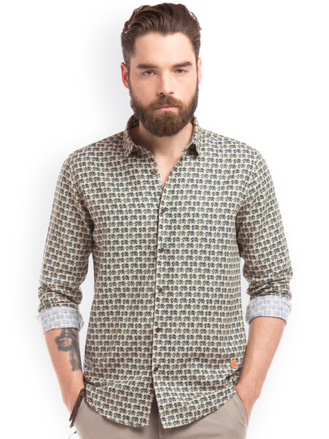 

True Blue Men Beige Slim Fit Printed Casual Shirt