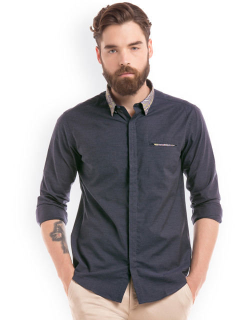 

True Blue Men Navy Slim Fit Solid Casual Shirt, Navy blue