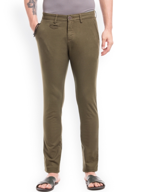 

True Blue Men Olive Green Slim Fit Solid Trousers