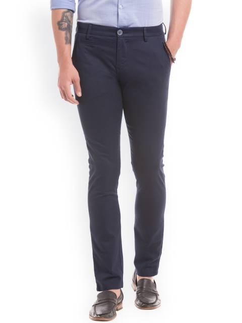 

True Blue Men Navy Blue Slim Fit Printed Regular Trousers
