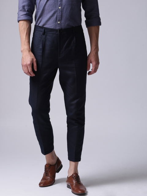 

True Blue Men Navy Blue Self-Design Trousers