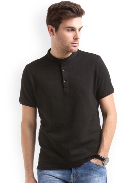 

True Blue Men Black Solid Henley Neck Slim Fit T-shirt
