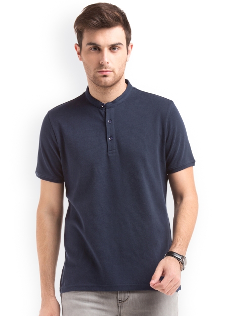 

True Blue Men Navy Blue Solid Mandarin Collar T-shirt